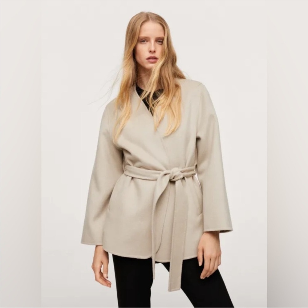 Mango Collarless Belted Wool Blend Coat